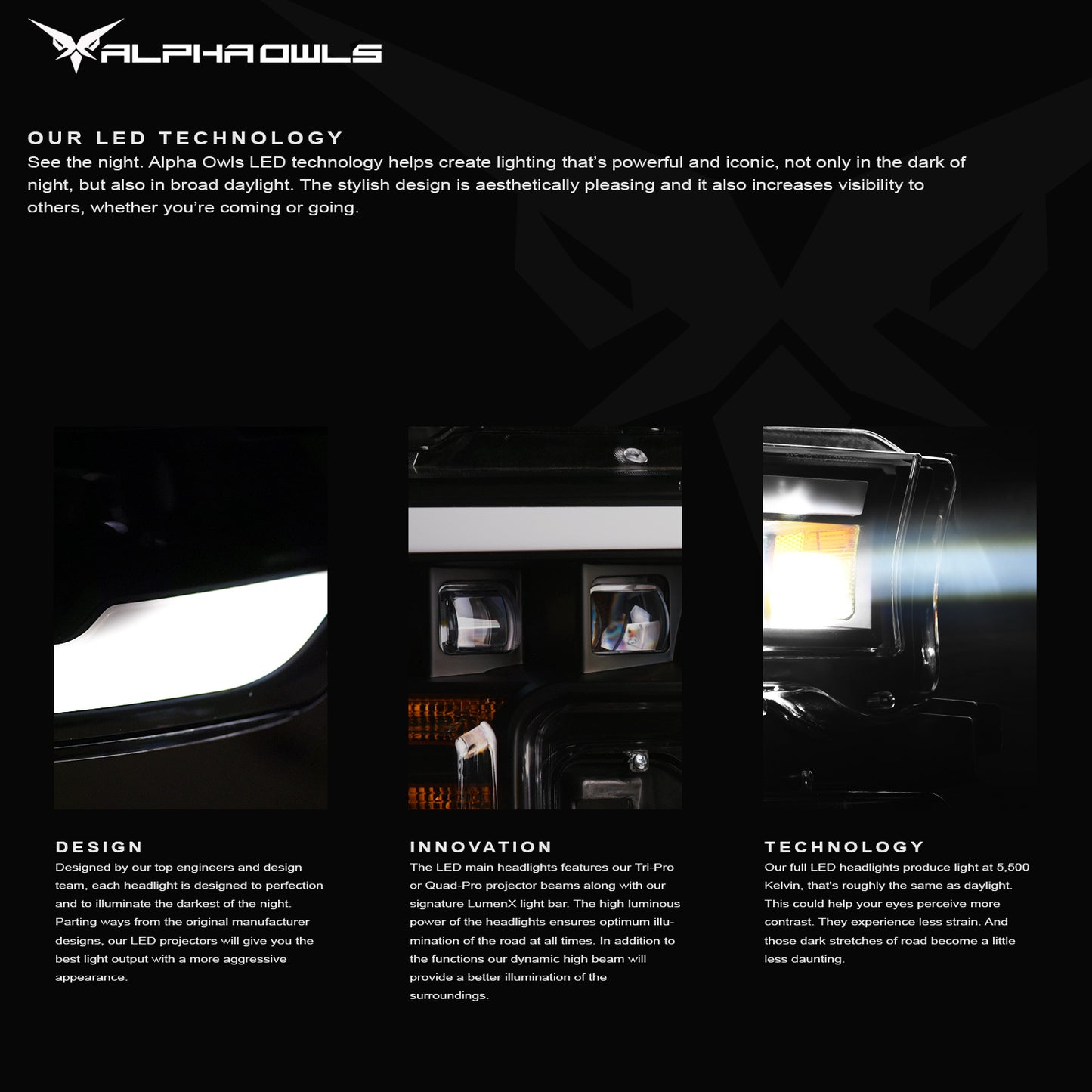 Alpha Owls 2006-2008 Dodge Ram SQX Series LED Projector Headlights (LED Projector Black Housing W/ Sequential Signal/LumenX Light Bar)