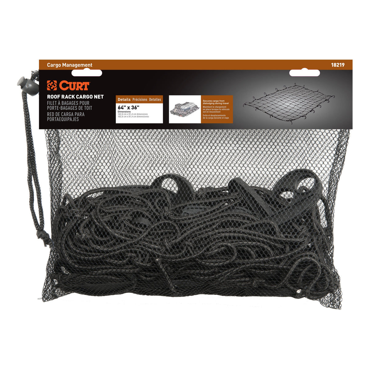 CURT 18219 64 X 36-Inch Elastic Cargo Net With Hooks For Extended Roof Basket