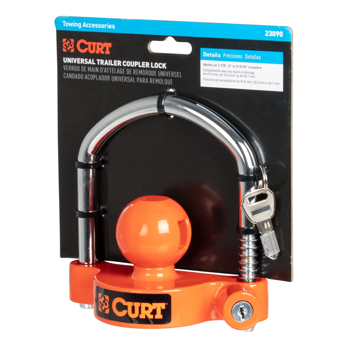 CURT 23090-KA Universal Trailer Coupler Lock  Bright Orange  Fits Couplers With 1-7/8"  2" Or 2-5/16" Ball Diameter  Keyed Alike