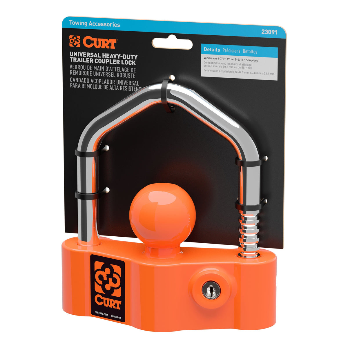 CURT 23091 Universal Heavy-Duty Trailer Coupler Lock  Bright Orange  Fits Couplers With 1-7/8"  2" Or 2-5/16" Ball Diameter