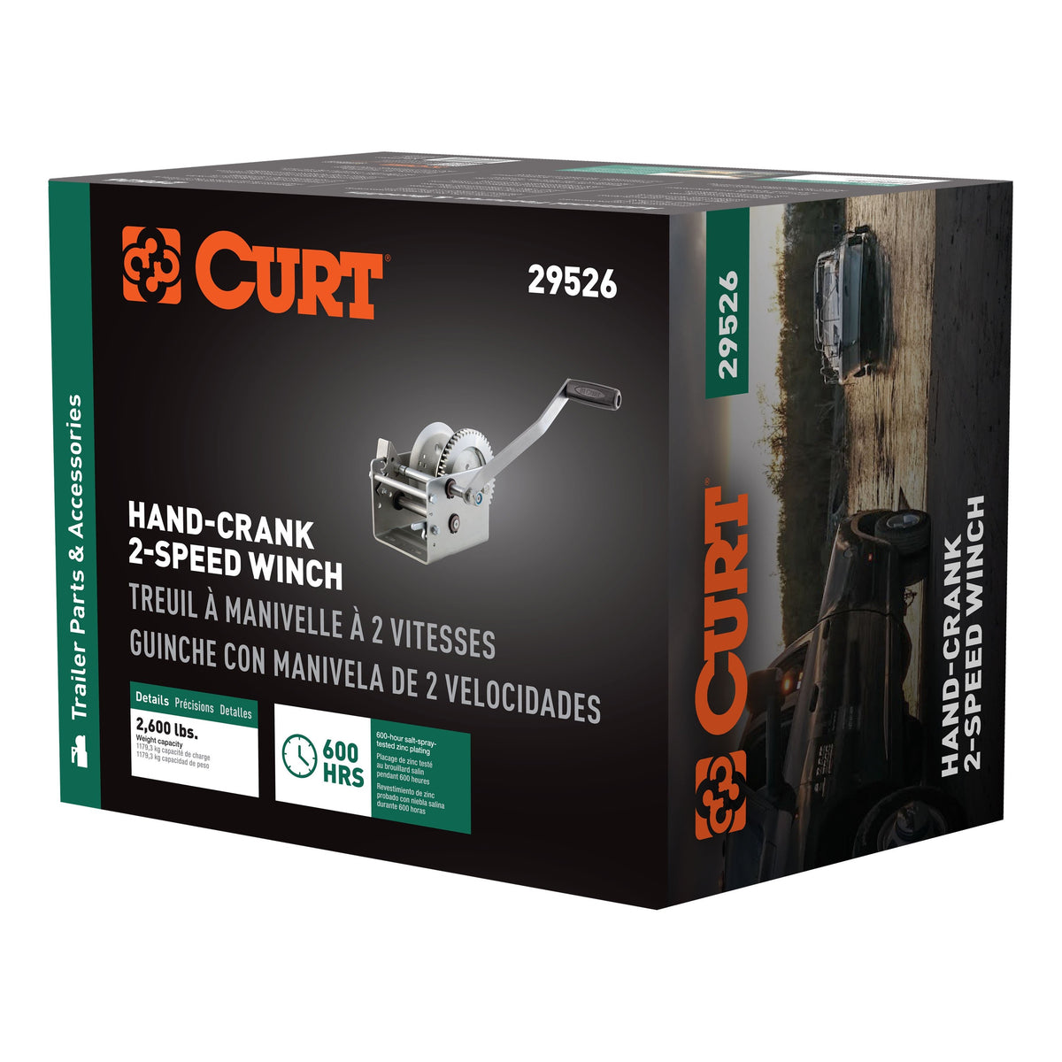 CURT 29526 Hand-Crank 2-Speed Winch  2 600 Lbs  5.1:1 High  12.7:1 Low Gear Ratio  10.6" Handle