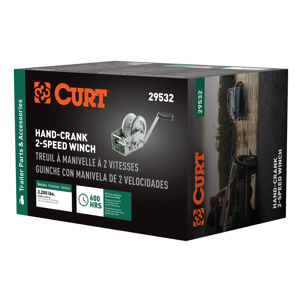 CURT 29532 Hand-Crank 2-Speed Winch  3 200 Lbs  5.4:1 High  17.5:1 Low Gear Ratio  9.6" Handle