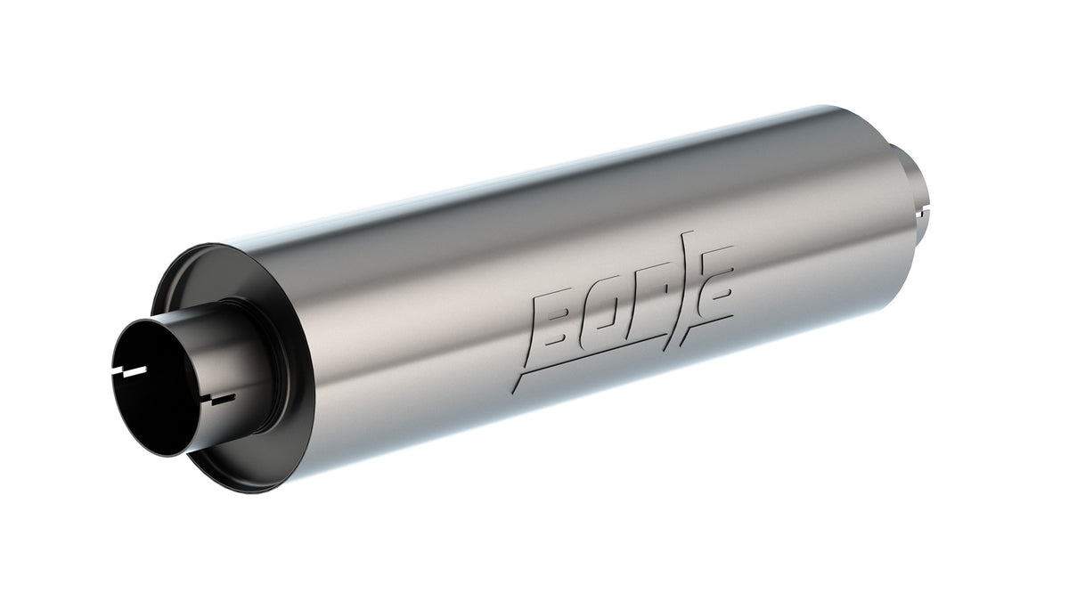 Specialty Muffler - Heavy Duty (Truck) - 3.5" Center Inlet/ 3.5" Center Outlet 6.75" Round X 24" Long Body Notched Necks Part # 401625