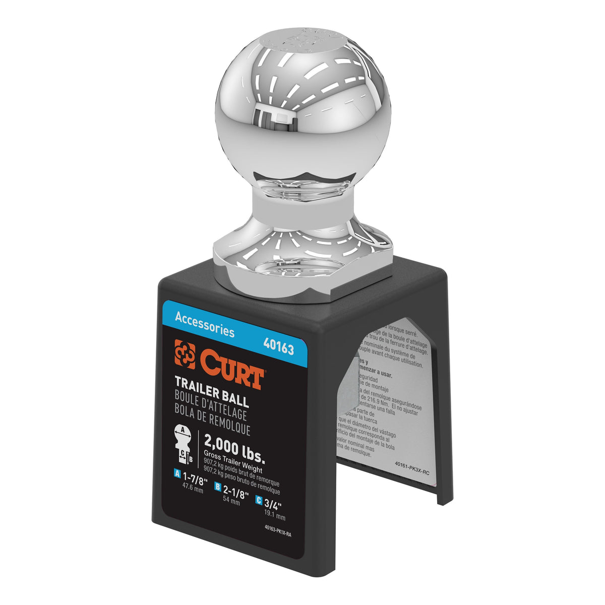 CURT 40163 Chrome Trailer Hitch Ball  2 000 Lbs  1-7/8-Inch Diameter  3/4 X 2-1/8-Inch Shank
