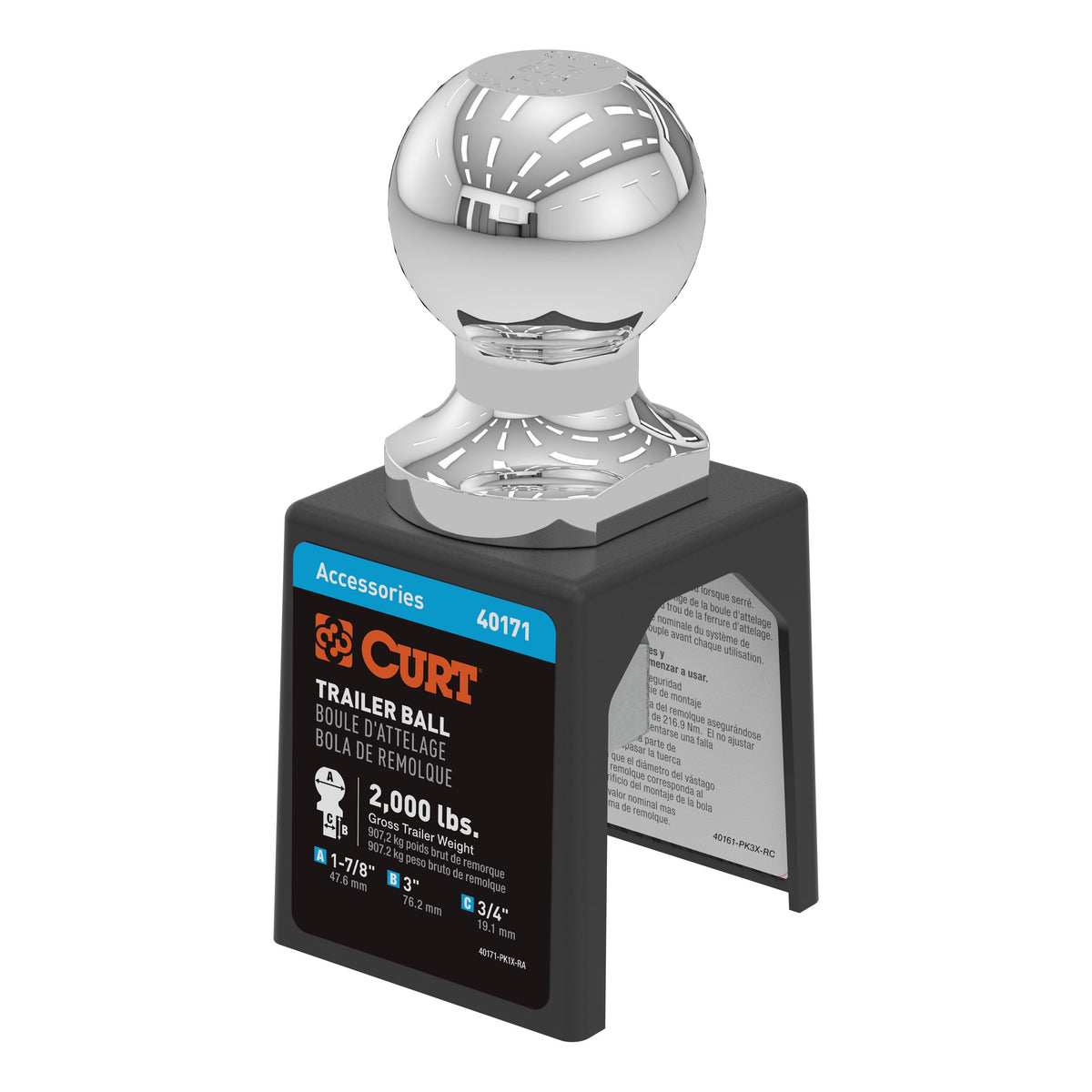 CURT 40171 Chrome Trailer Hitch Ball  2 000 Lbs  1-7/8-Inch Diameter  3/4 X 3-Inch Shank
