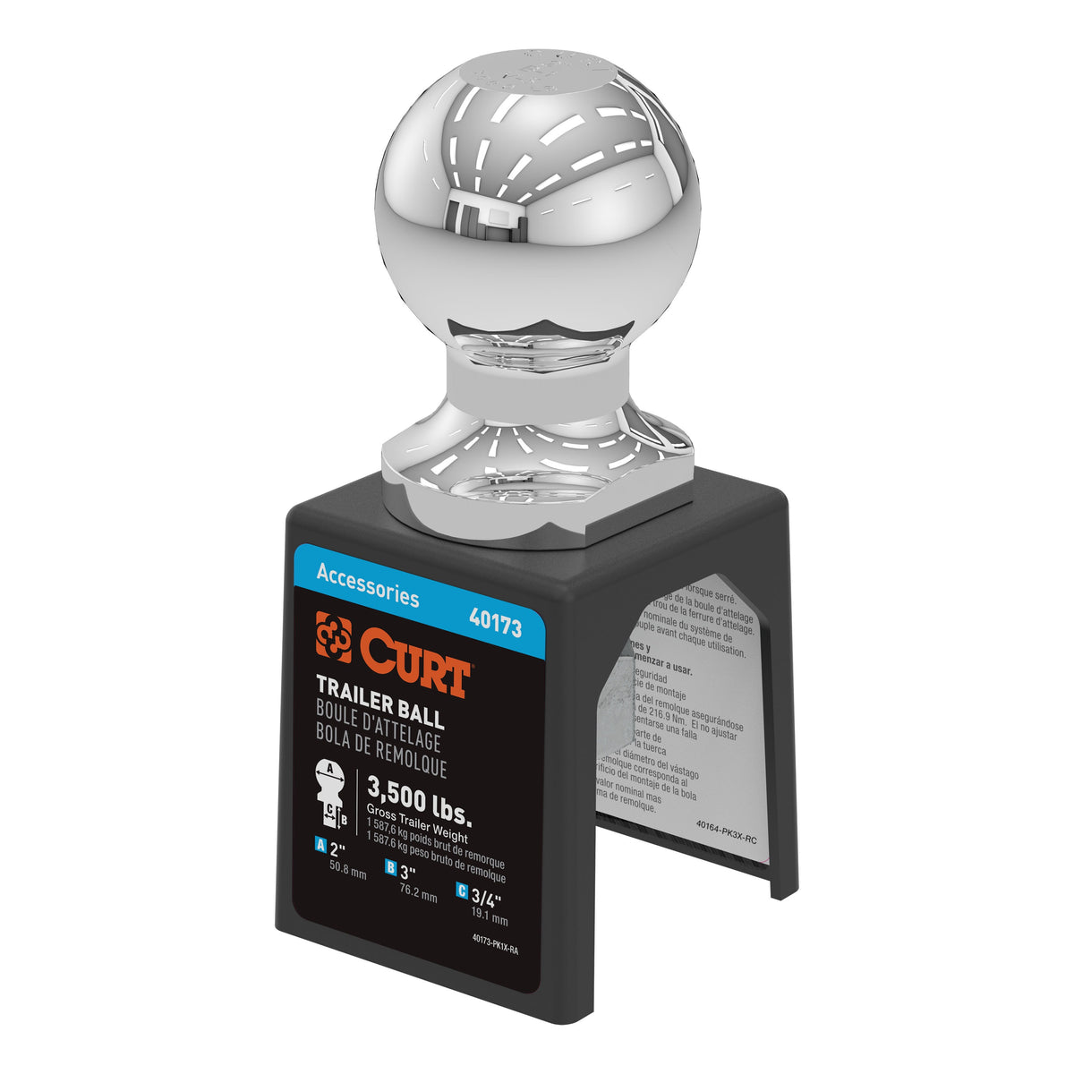 CURT 40173 Chrome Trailer Hitch Ball  3 500 Lbs  2-Inch Diameter  3/4 X 3-Inch Shank