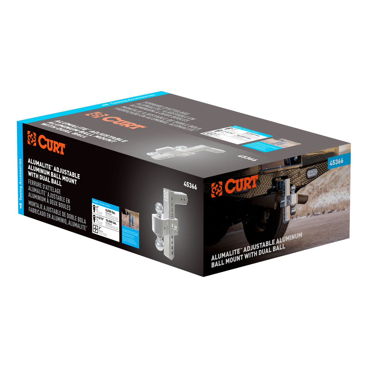 CURT 45366 AlumaLite Adjustable Aluminum Trailer Hitch With Dual Ball  9-1/2" Drop  10 000 Lbs. GTW  2" & 2-5/16" Balls