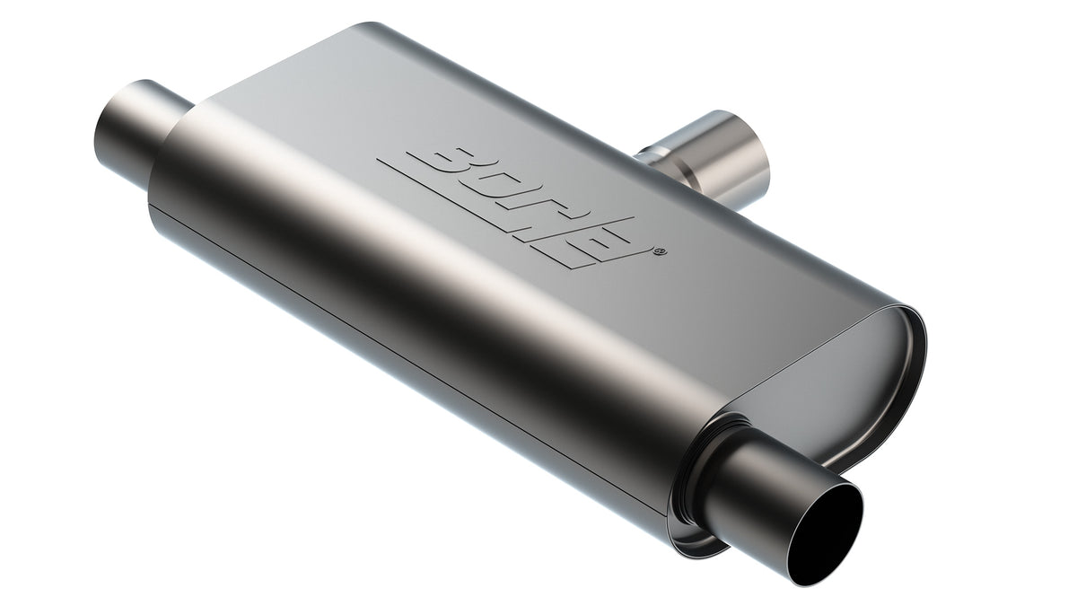 Specialty Muffler - T-Flow Design - Single 2.5" Inlet - Dual 2.5" Outlet 4.25" X 9.10" Oval X 18" Long Body Un-Notched Part # 60714