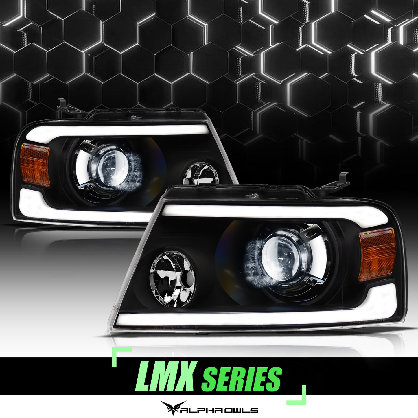 Alpha Owls 2004-2008 Ford F-150 LMX Series LED Projector Headlights (LED Projector Black Housing W/ LumenX Light Bar)