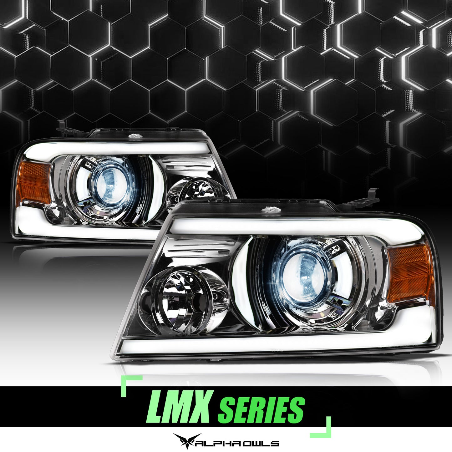 Alpha Owls 2004-2008 Ford F-150 LMX Series LED Projector Headlights (LED Projector Chrome Housing W/ LumenX Light Bar)