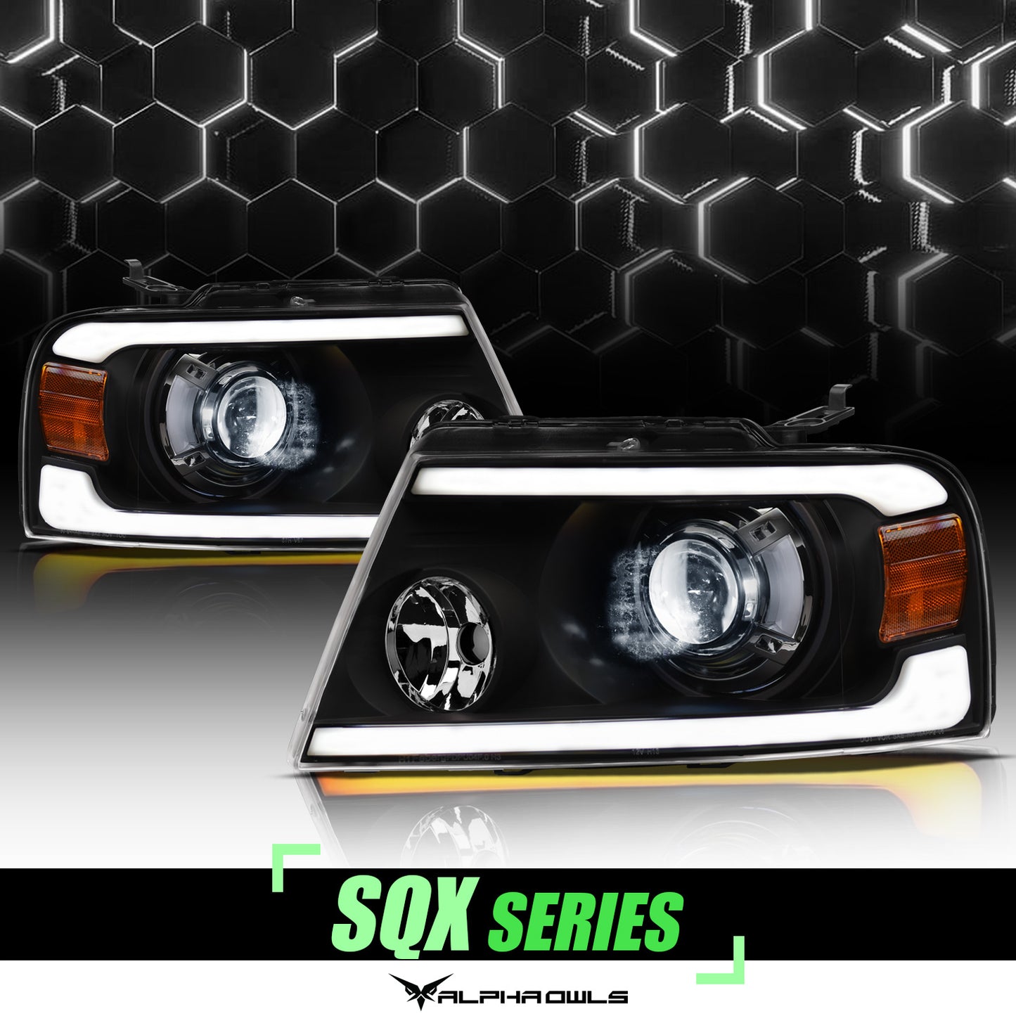 Alpha Owls 2004-2008 Ford F-150 SQX Series LED Projector Headlights (LED Projector Black Housing W/ Sequential Signal/LumenX Light Bar)