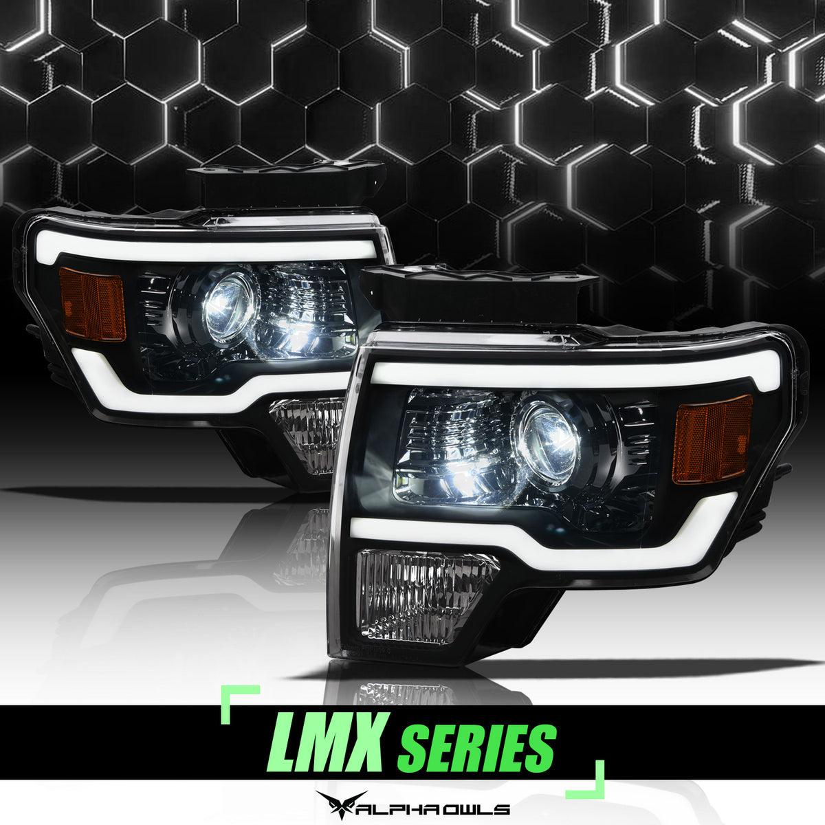 Alpha Owls 2009-2014 Ford F-150 LMX Series LED Projector Headlights (LED Projector Black Housing W/ LumenX Light Bar)