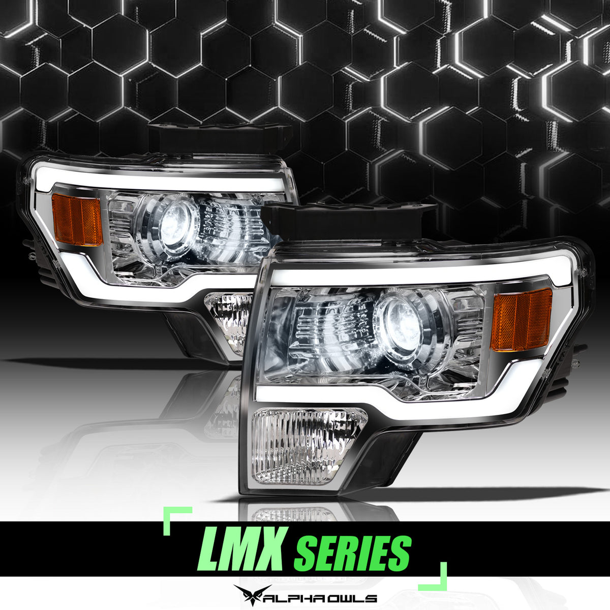 Alpha Owls 2009-2014 Ford F-150 LMX Series LED Projector Headlights (LED Projector Chrome Housing W/ LumenX Light Bar)