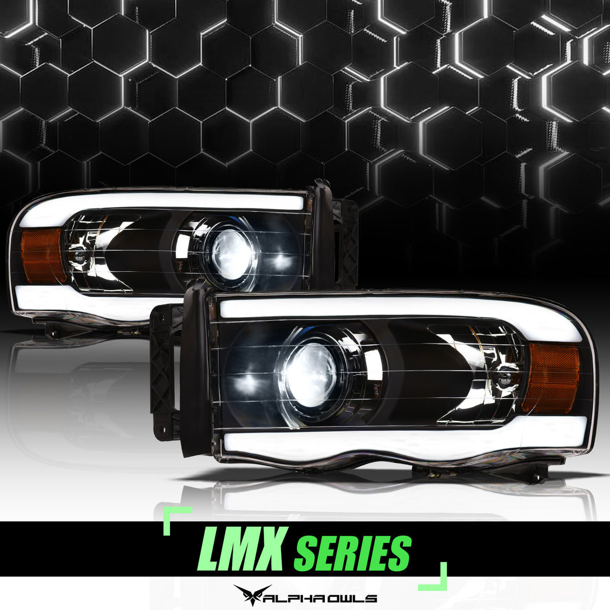 Alpha Owls 2002-2005 Dodge Ram 1500 LMX Series LED Projector Headlights (LED Projector Black Housing W/ LumenX Light Bar)