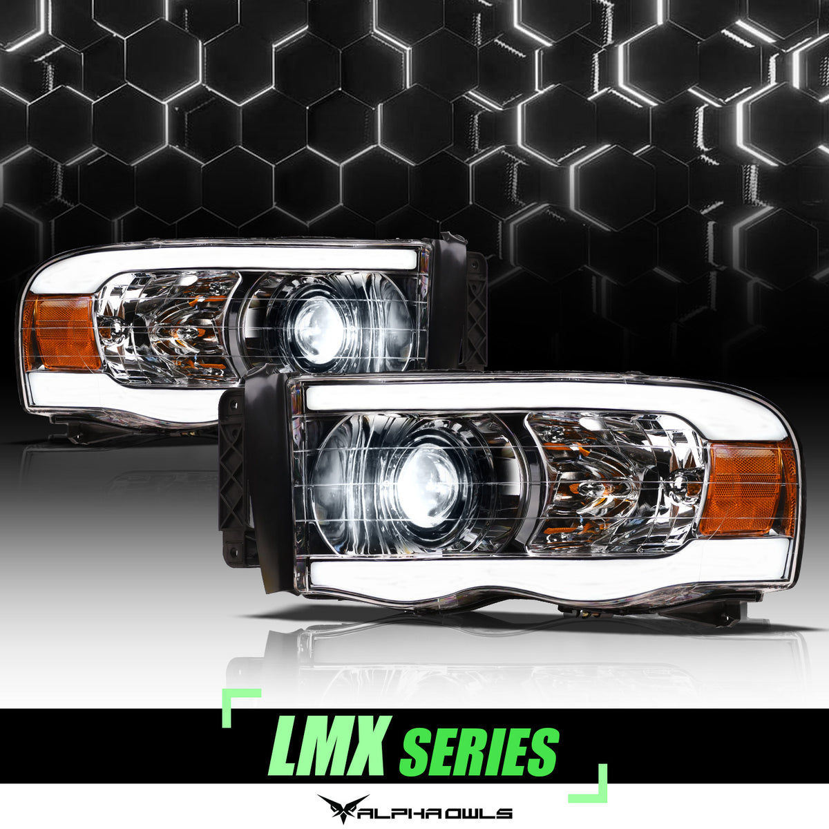 Alpha Owls 2002-2005 Dodge Ram 1500 LMX Series LED Projector Headlights (LED Projector Chrome Housing W/ LumenX Light Bar)