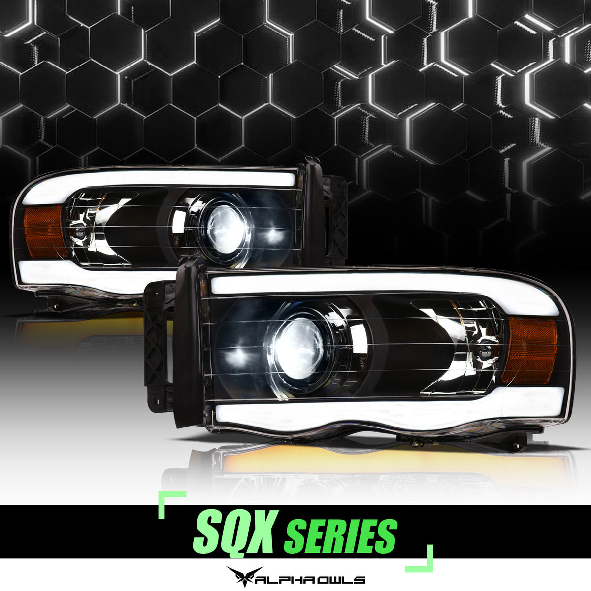 Alpha Owls 2002-2005 Dodge Ram 1500 SQX Series LED Projector Headlights (LED Projector Black Housing W/ Sequential Signal/LumenX Light Bar)