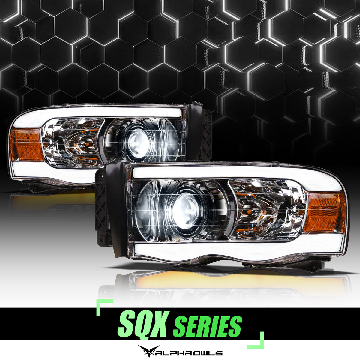 Alpha Owls 2002-2005 Dodge Ram 1500 SQX Series LED Projector Headlights (LED Projector Chrome Housing W/ Sequential Signal/LumenX Light Bar)