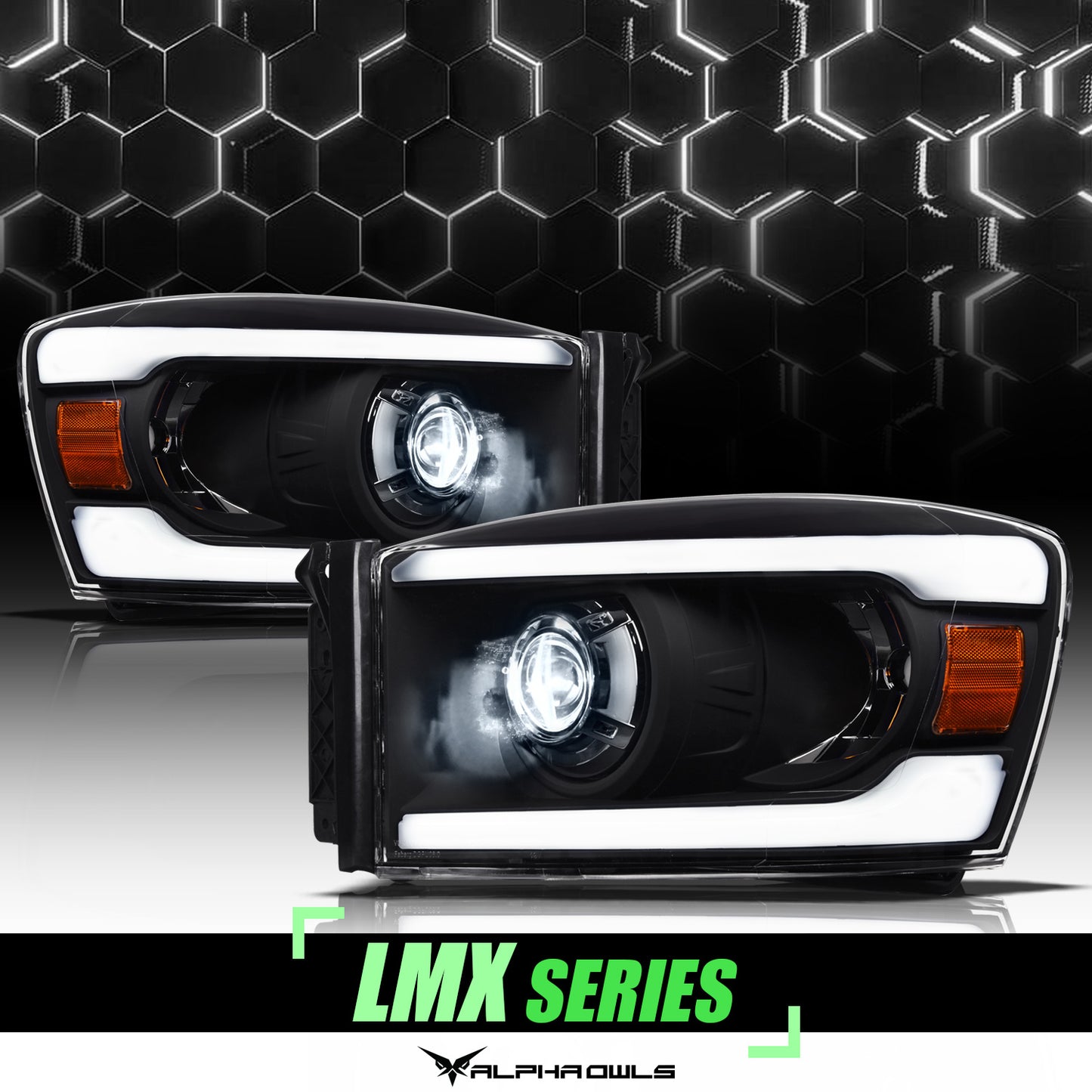 Alpha Owls 2006-2008 Dodge Ram 1500 LMX Series LED Projector Headlights (LED Projector Black Housing W/ LumenX Light Bar)