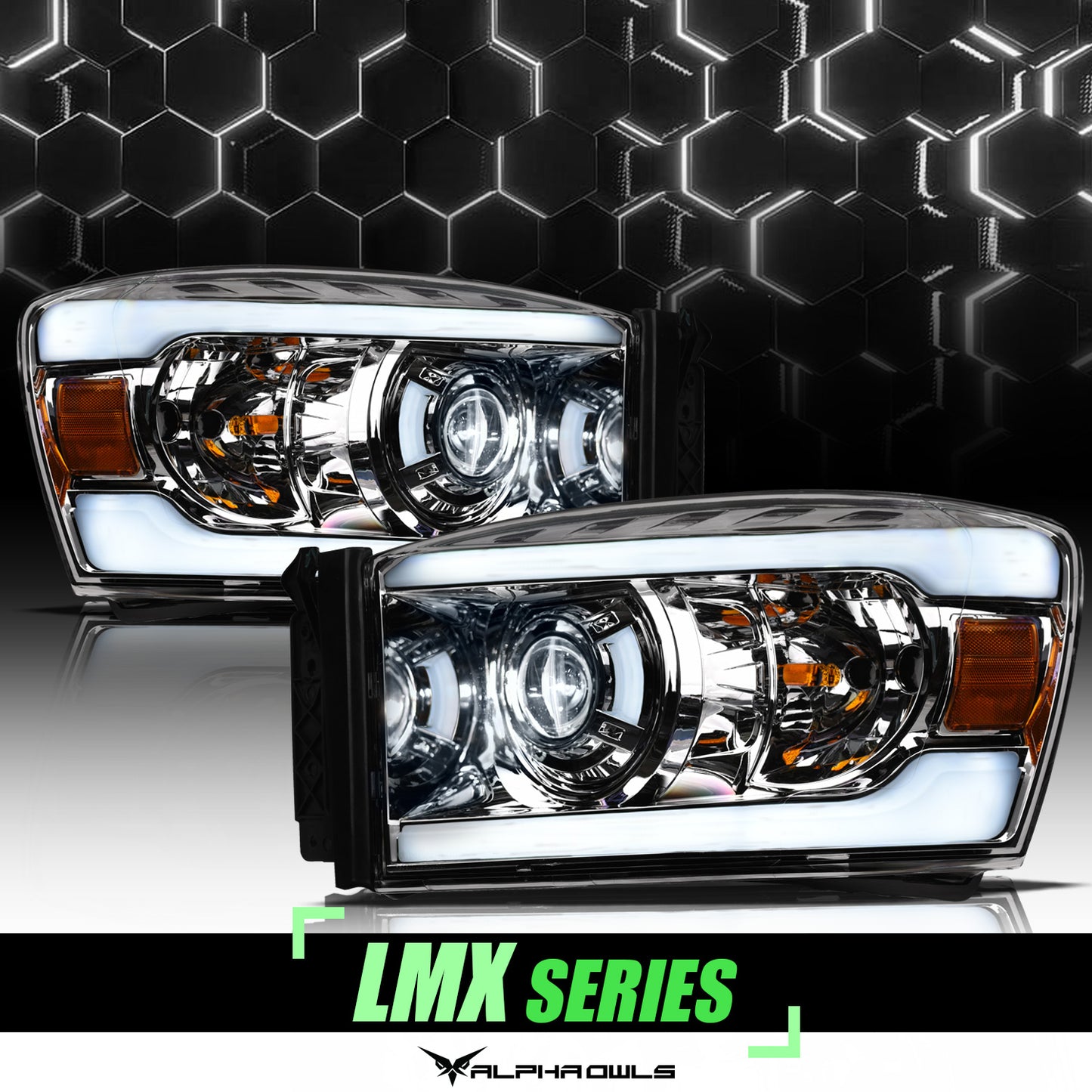 Alpha Owls 2006-2008 Dodge Ram 1500 LMX Series LED Projector Headlights (LED Projector Chrome Housing W/ LumenX Light Bar)