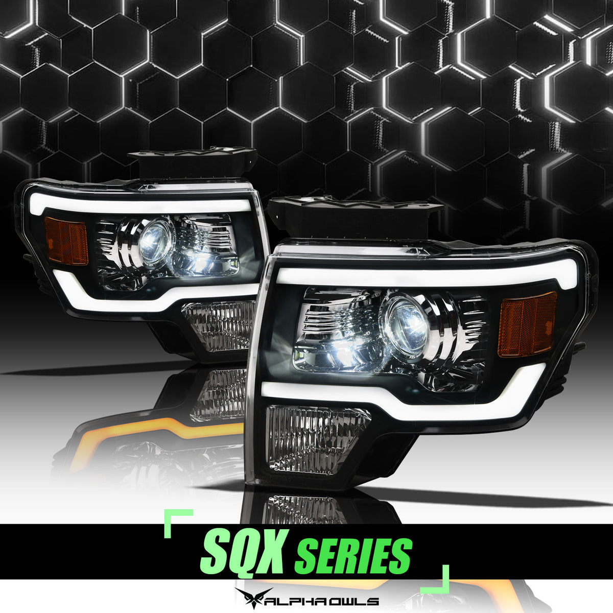 Alpha Owls 2009-2014 Ford F-150 SQX Series LED Projector Headlights (LED Projector Black Housing W/ Sequential Signal/LumenX Light Bar)