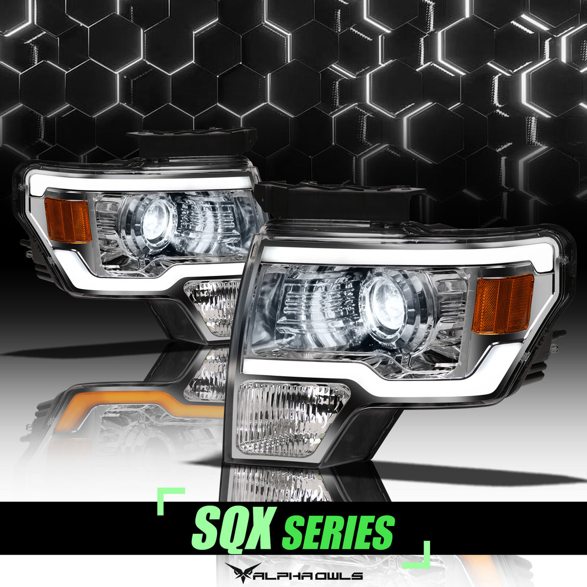 Alpha Owls 2009-2014 Ford F-150 SQX Series LED Projector Headlights (LED Projector Chrome Housing W/ Sequential Signal/LumenX Light Bar)