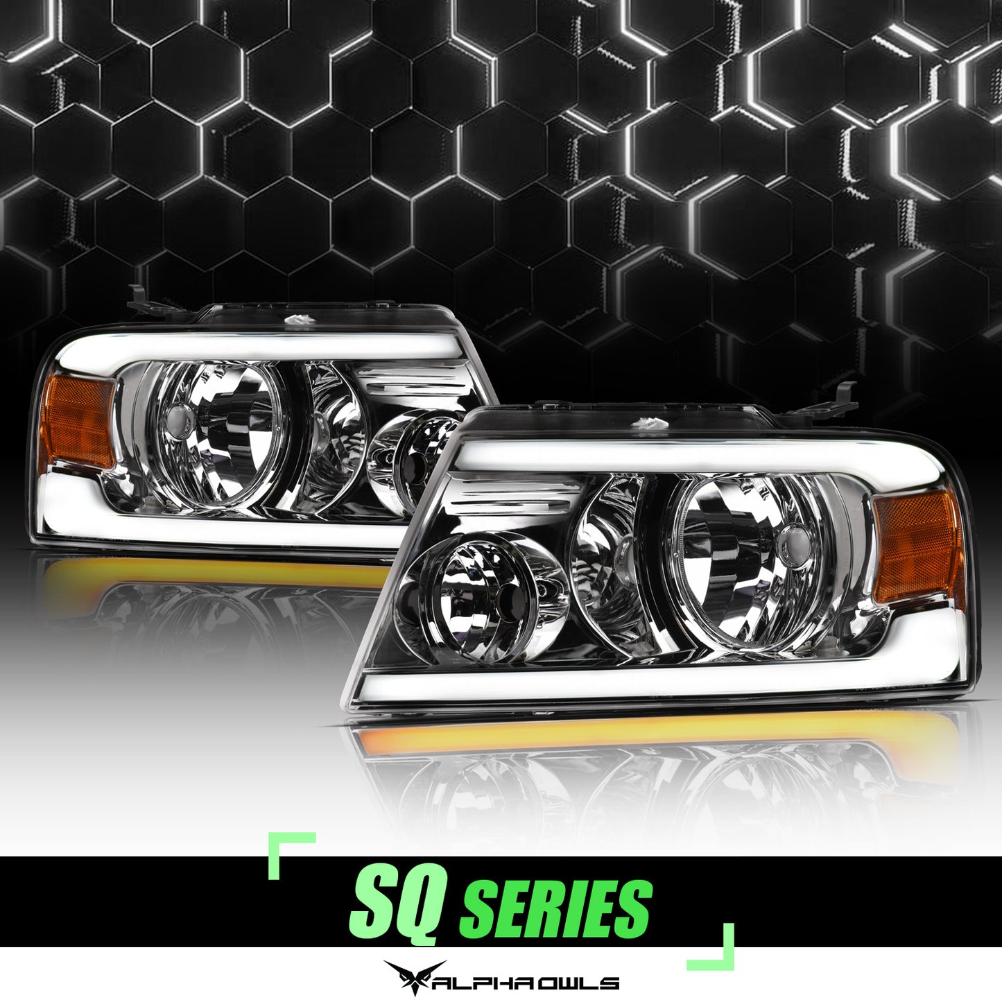 Alpha Owls 2004-2008 Ford F-150 SQ Series Headlights (Crystal Headlights Chrome Housing W/ Sequential Signal/LumenX Light Bar)