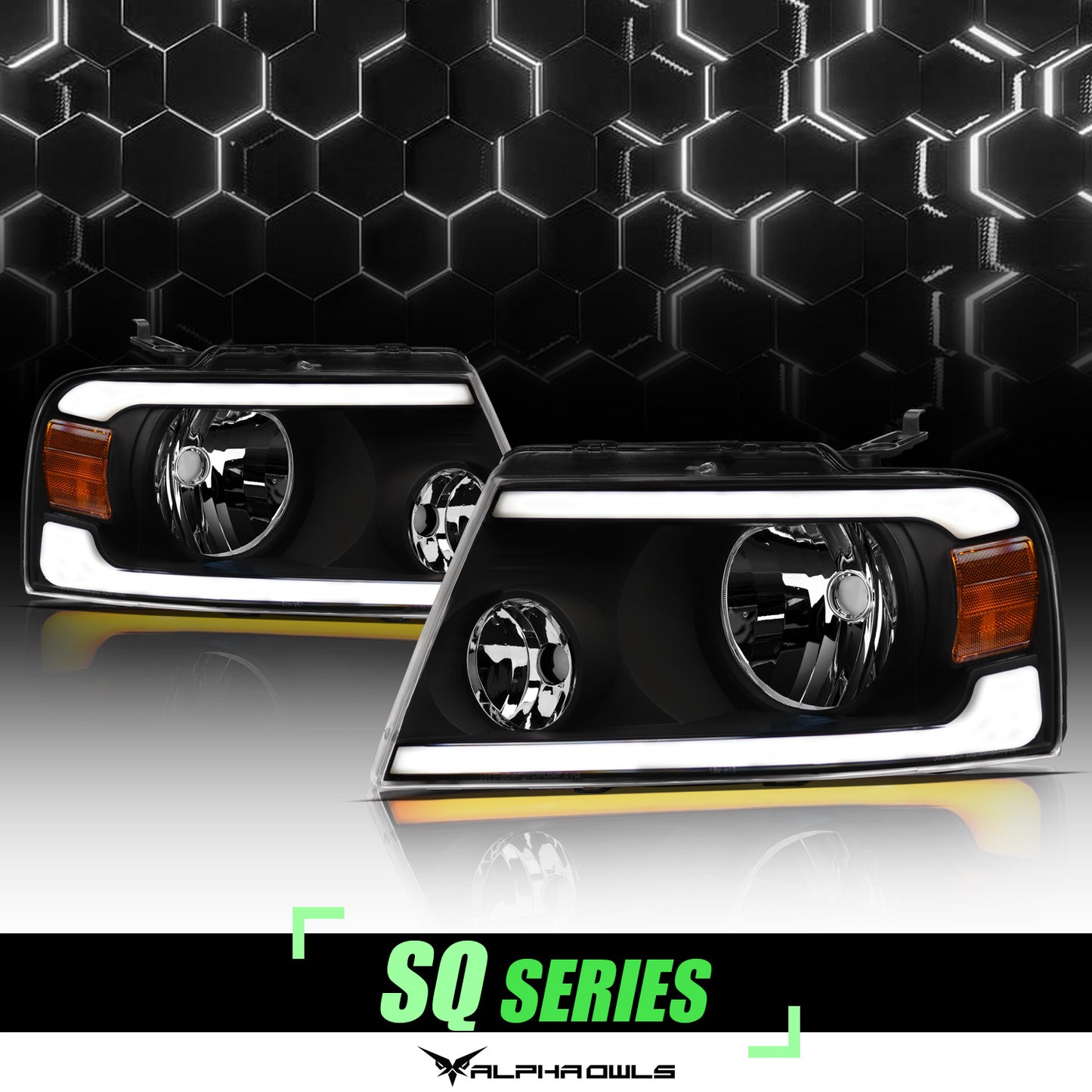 Alpha Owls 2004-2008 Ford F-150 SQ Series Headlights (Crystal Headlights Black Housing W/ Sequential Signal/LumenX Light Bar)