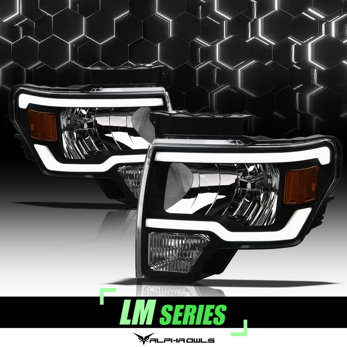 Alpha Owls 2009-2014 Ford F-150 LM Series Headlights (Crystal Headlights Black Housing W/ LumenX Light Bar)