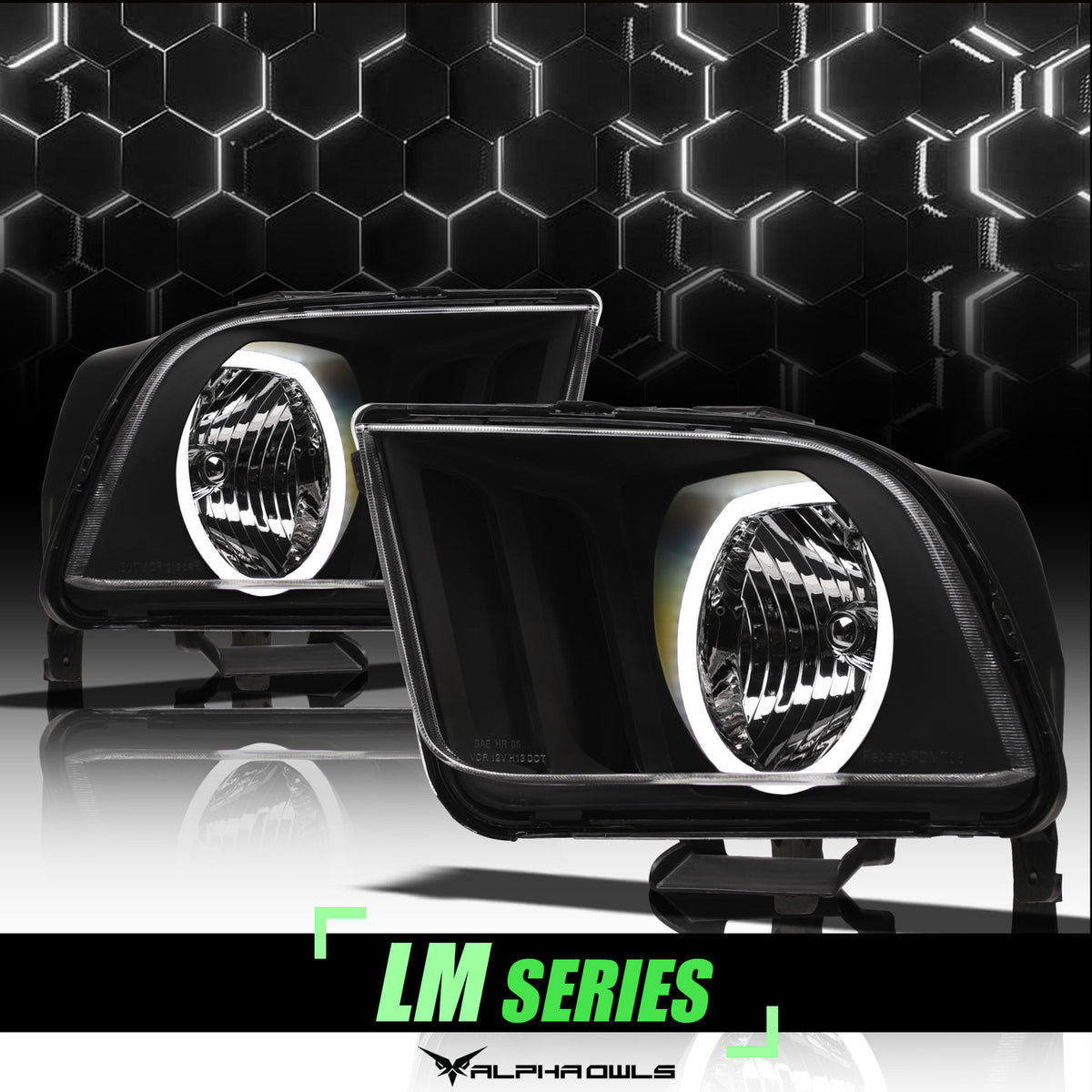 Alpha Owls 2005-2009 Ford Mustang LM Series Headlights (Crystal Headlights Black Housing W/ LumenX Halo)