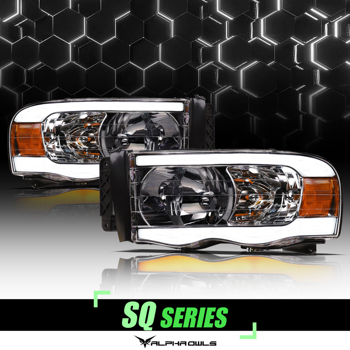 Alpha Owls 2002-2005 Dodge Ram 1500 SQ Series Headlights (Crystal Headlights Chrome Housing W/ Sequential Signal/LumenX Light Bar)
