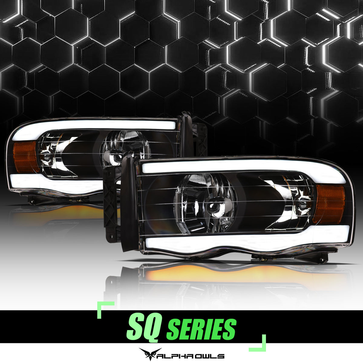 Alpha Owls 2002-2005 Dodge Ram 1500 SQ Series Headlights (Crystal Headlights Black Housing W/ Sequential Signal/LumenX Light Bar)
