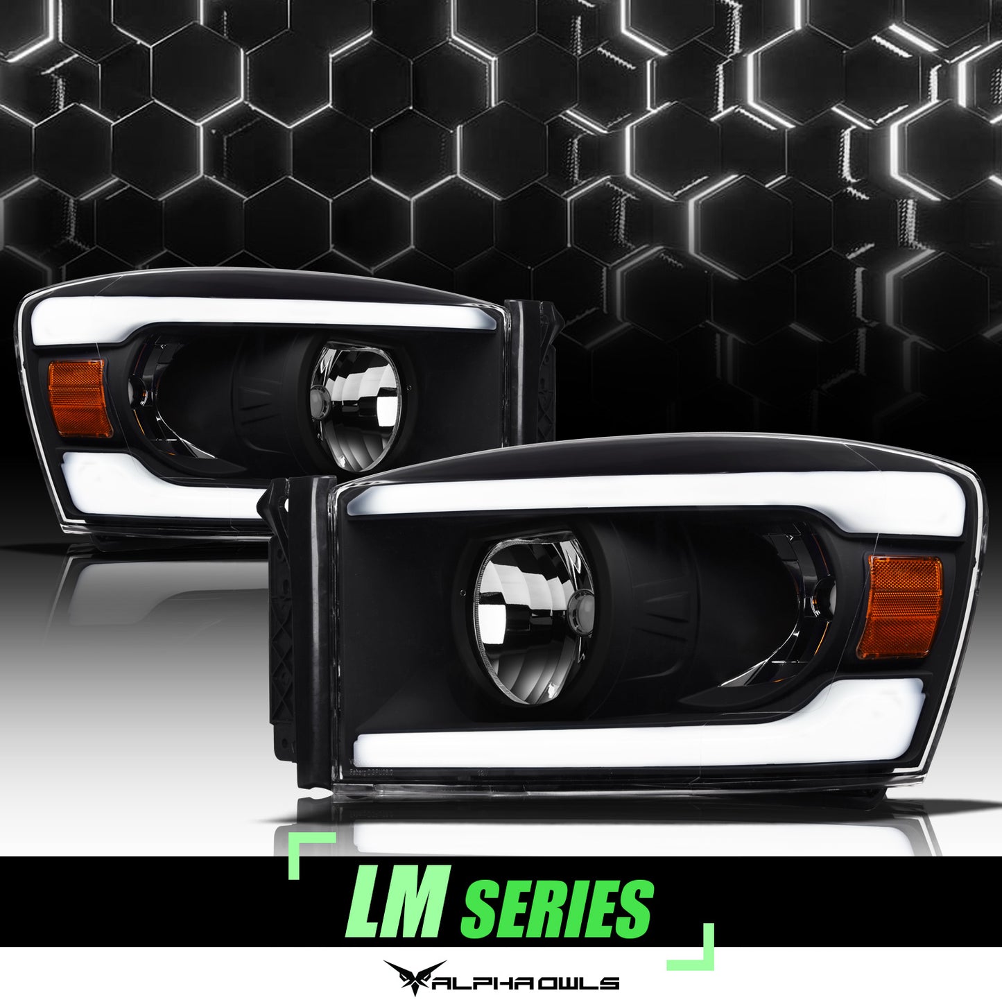 Alpha Owls 2006-2008 Dodge Ram LM Series Headlights (Crystal Headlights Black Housing W/ LumenX Light Bar)