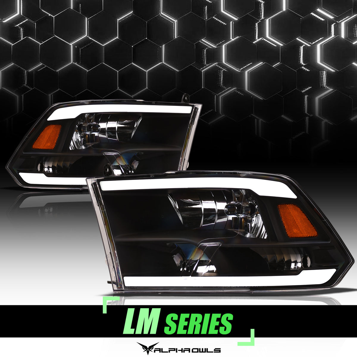 Alpha Owls 2009-2010 Dodge Ram 1500 LM Series Headlights (Crystal Headlights Black Housing W/ LumenX Light Bar)
