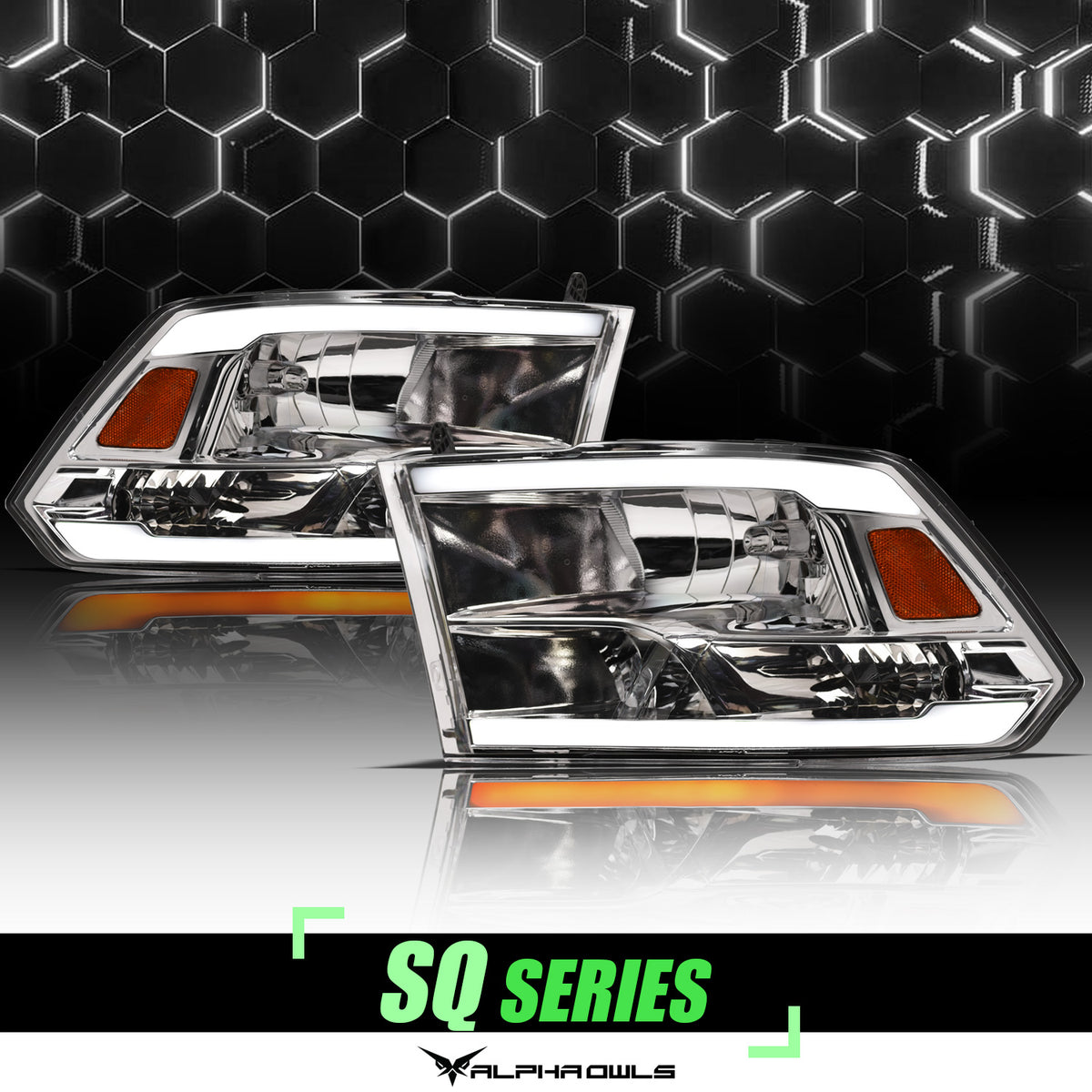 Alpha Owls 2009-2010 Ram 1500 SQ Series Headlights (Crystal Headlights Chrome Housing W/ Sequential Signal/LumenX Light Bar)