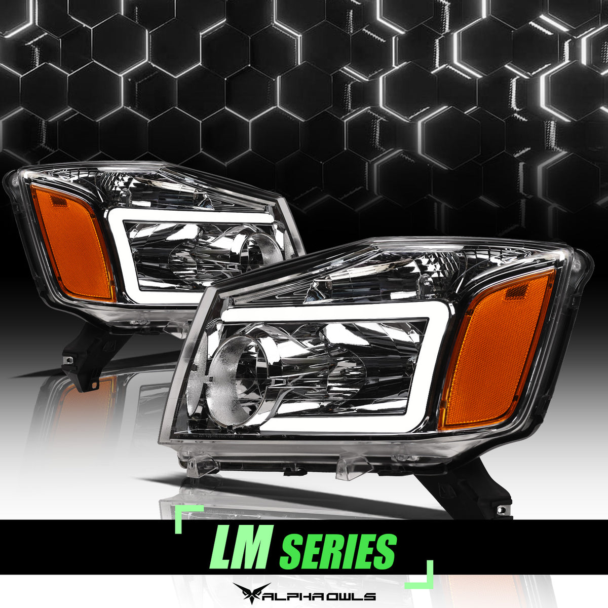 Alpha Owls 2004-2015 Nissan Titan LM Series Headlights (Crystal Headlights Chrome Housing W/ LumenX Light Bar)