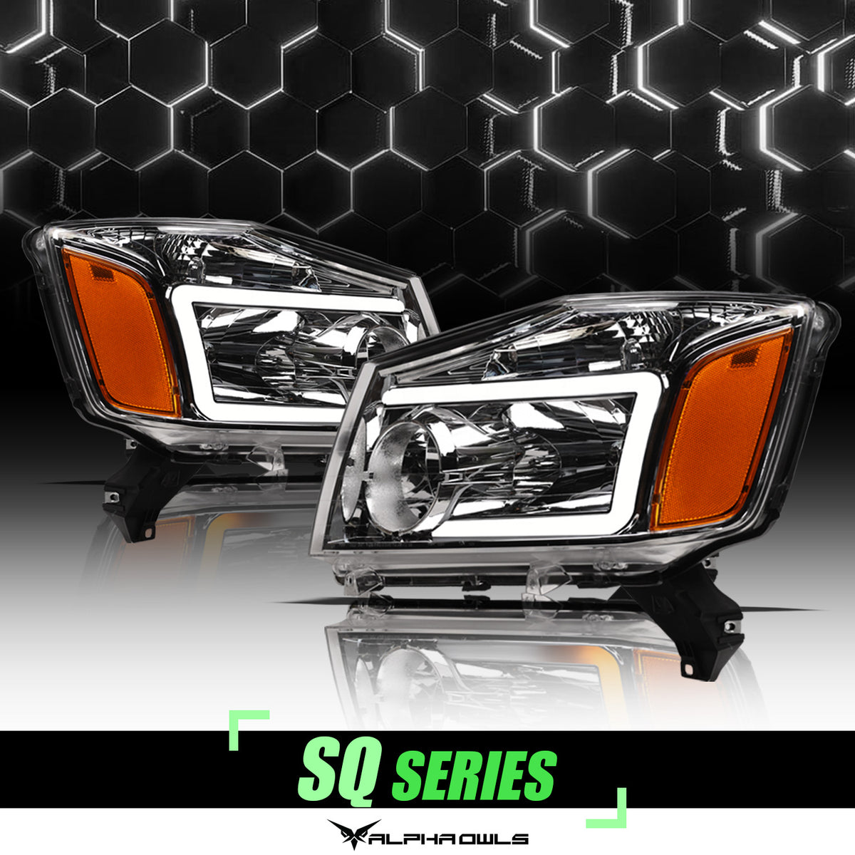 Alpha Owls 2004-2015 Nissan Titan SQ Series Headlights (Crystal Headlights Chrome Housing W/ Sequential Signal/LumenX Light Bar)