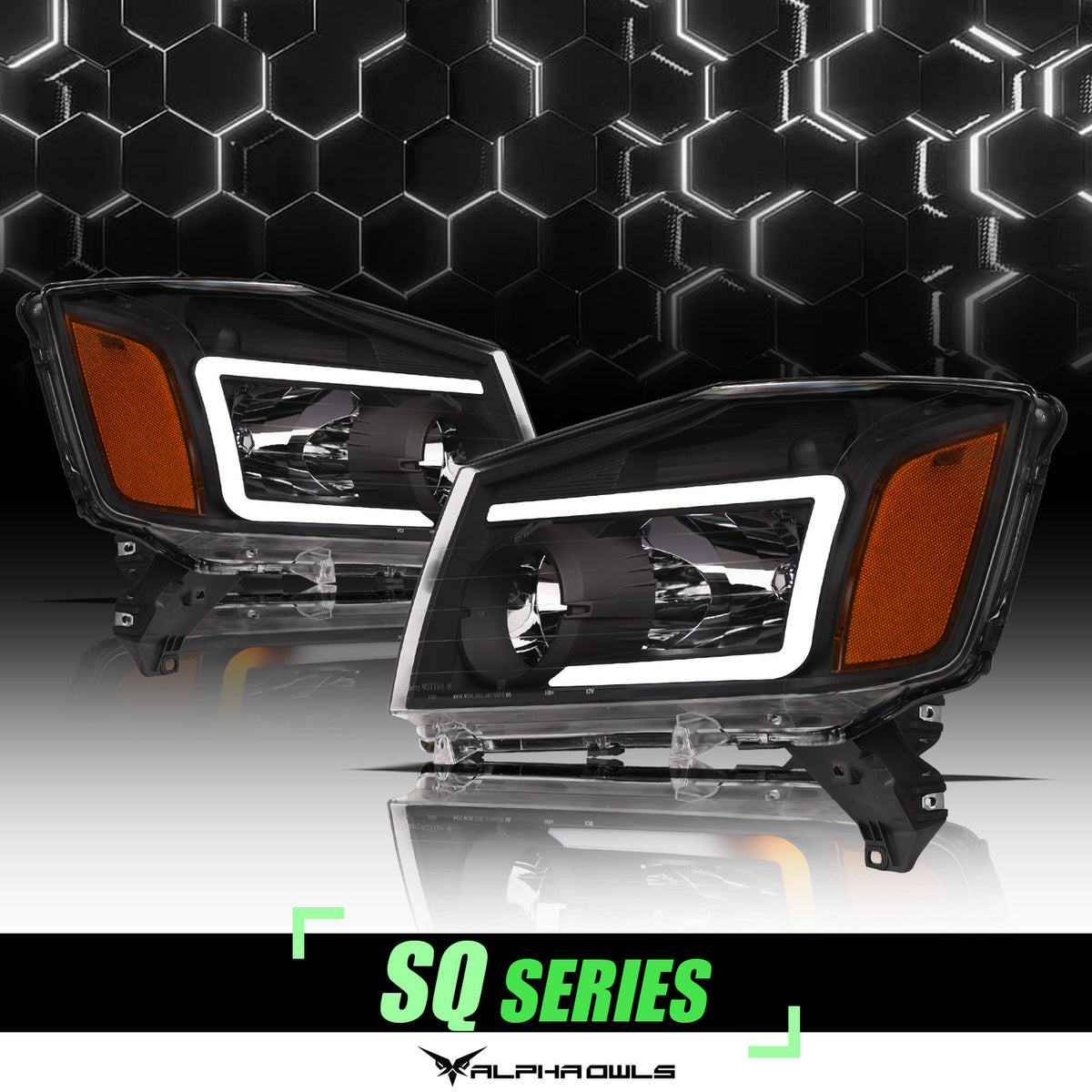 Alpha Owls 2004-2015 Nissan Titan SQ Series Headlights (Crystal Headlights Black Housing W/ Sequential Signal/LumenX Light Bar)