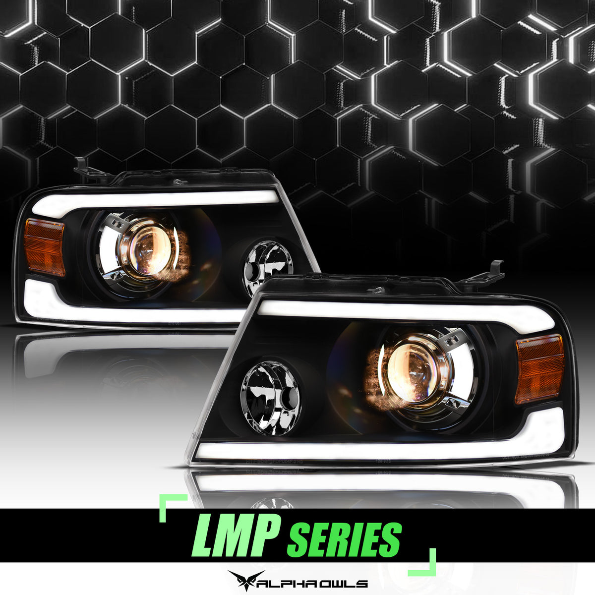 Alpha Owls 2004-2008 Ford F-150 LMP Series Projector Headlights (Halogen Projector Black Housing W/ LumenX Light Bar)