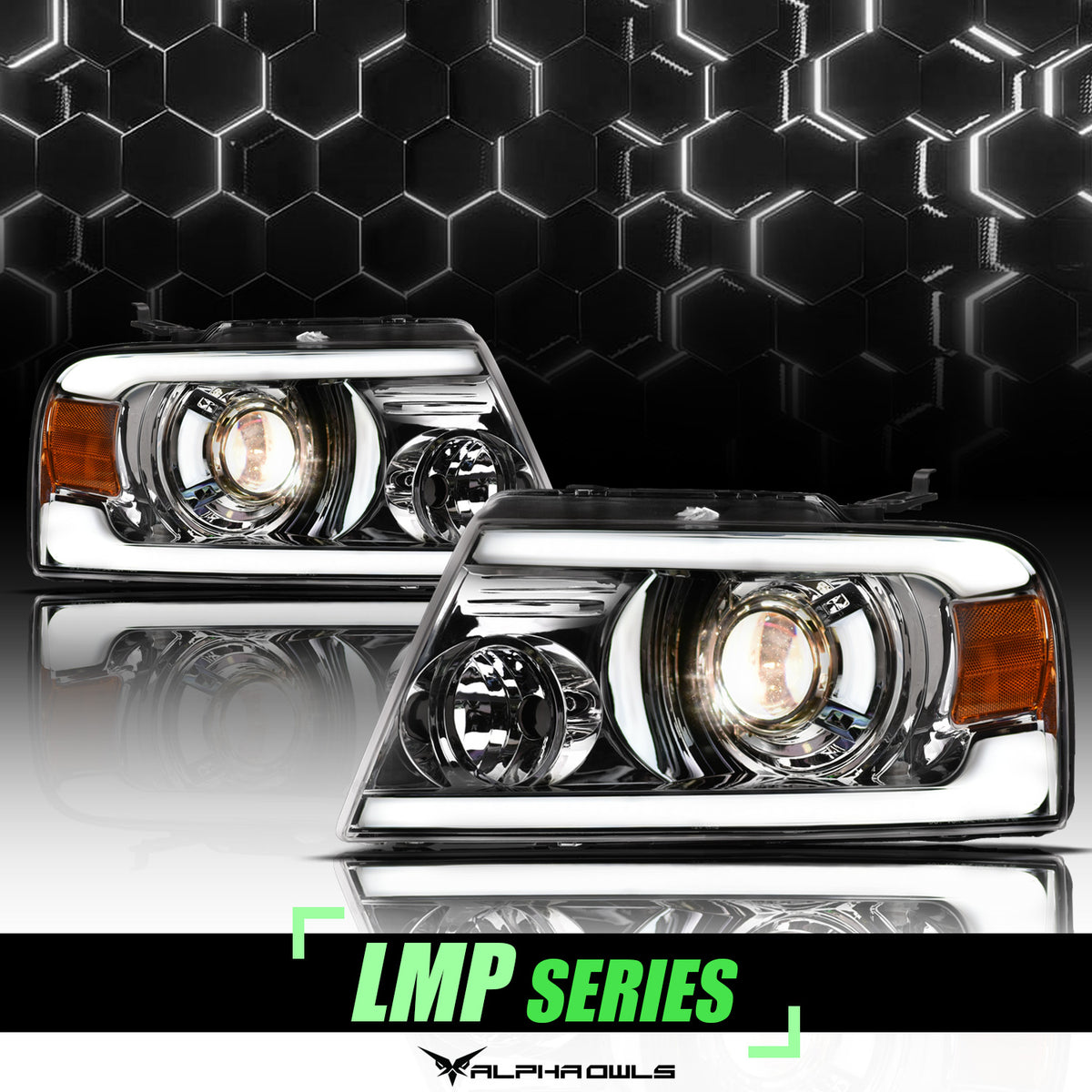 Alpha Owls 2004-2008 Ford F-150 LMP Series Projector Headlights (Halogen Projector Chrome Housing W/ LumenX Light Bar)