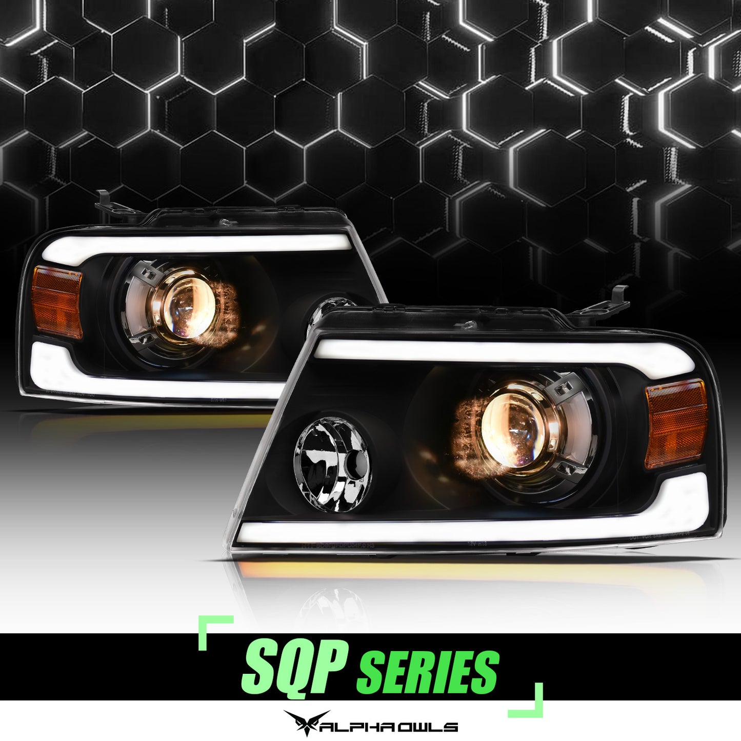Alpha Owls 2004-2008 Ford F-150 SQP Series Projector Headlights (Halogen Projector Black Housing W/ Sequential Signal/LumenX Light Bar)