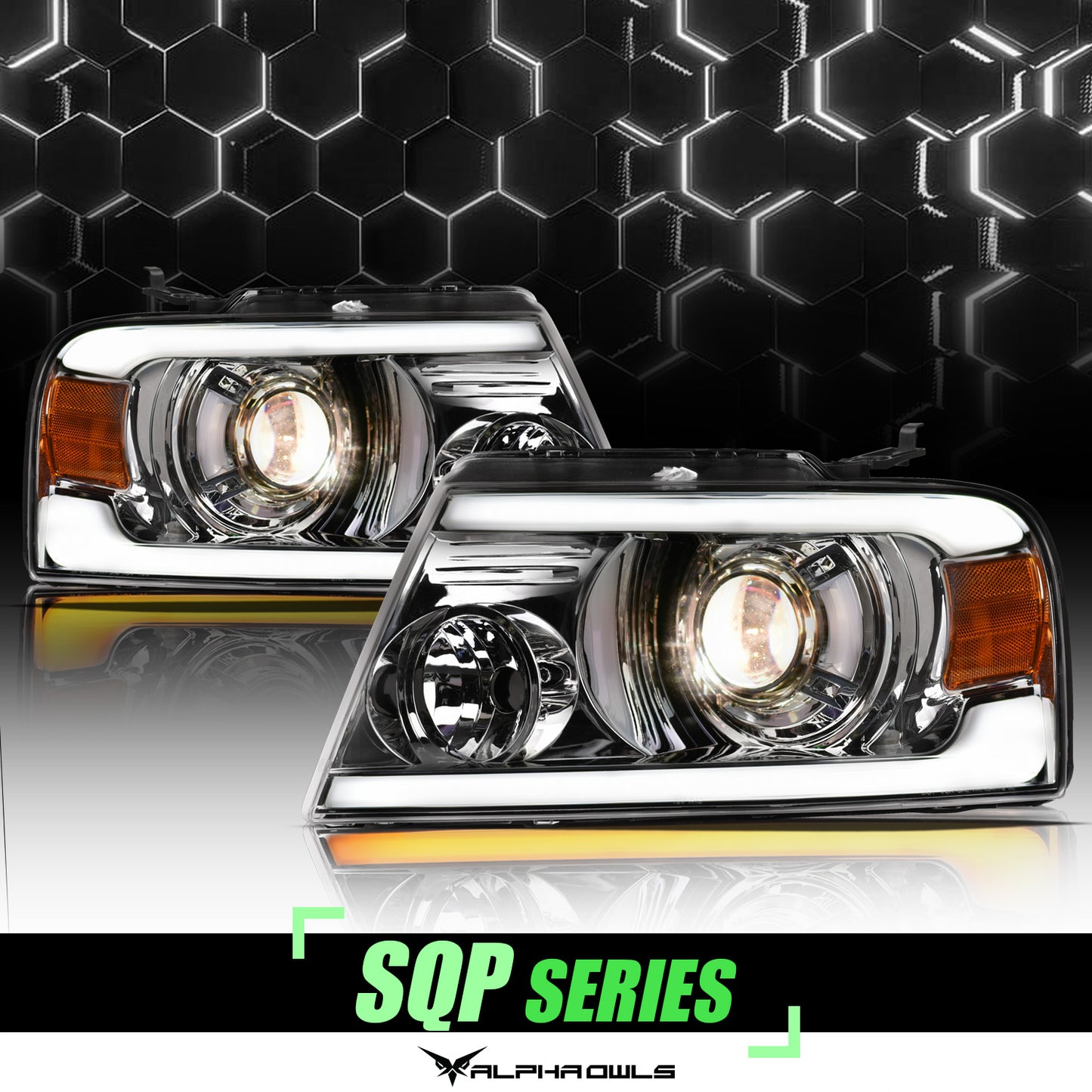 Alpha Owls 2004-2008 Ford F-150 SQP Series Projector Headlights (Halogen Projector Chrome Housing W/ Sequential Signal/LumenX Light Bar)