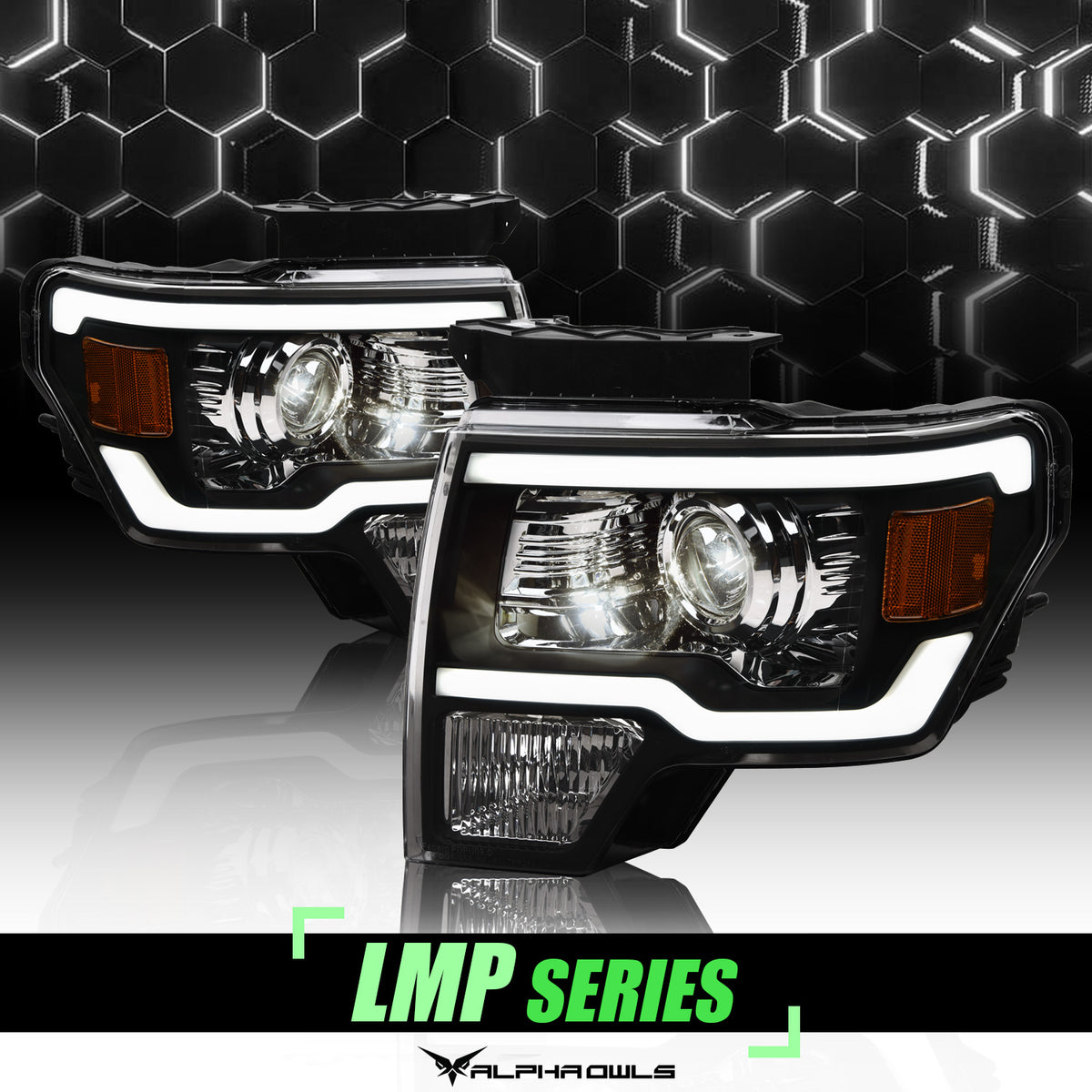 Alpha Owls 2009-2014 Ford F-150 LMP Series Projector Headlights (Halogen Projector Black Housing W/ LumenX Light Bar)