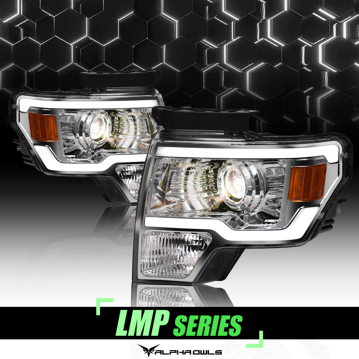 Alpha Owls 2009-2014 Ford F-150 LMP Series Projector Headlights (Halogen Projector Chrome Housing W/ LumenX Light Bar)