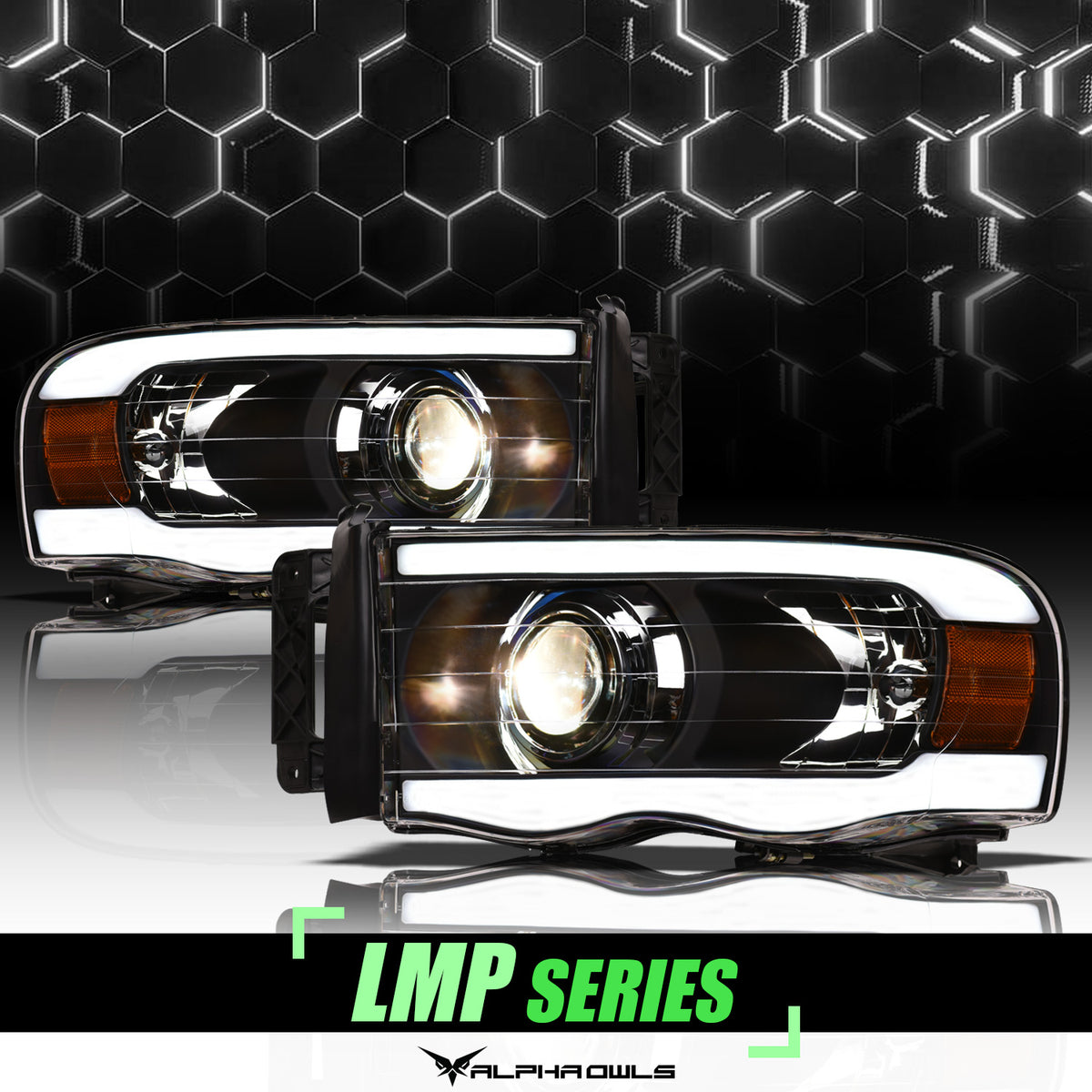 Alpha Owls 2002-2005 Dodge Ram 1500 LMP Series Projector Headlights (Halogen Projector Black Housing W/ LumenX Light Bar)