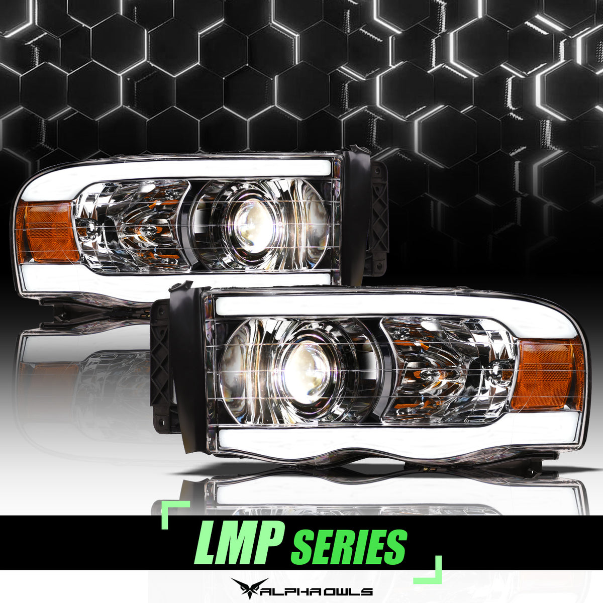 Alpha Owls 2002-2005 Dodge Ram 1500 LMP Series Projector Headlights (Halogen Projector Chrome Housing W/ LumenX Light Bar)