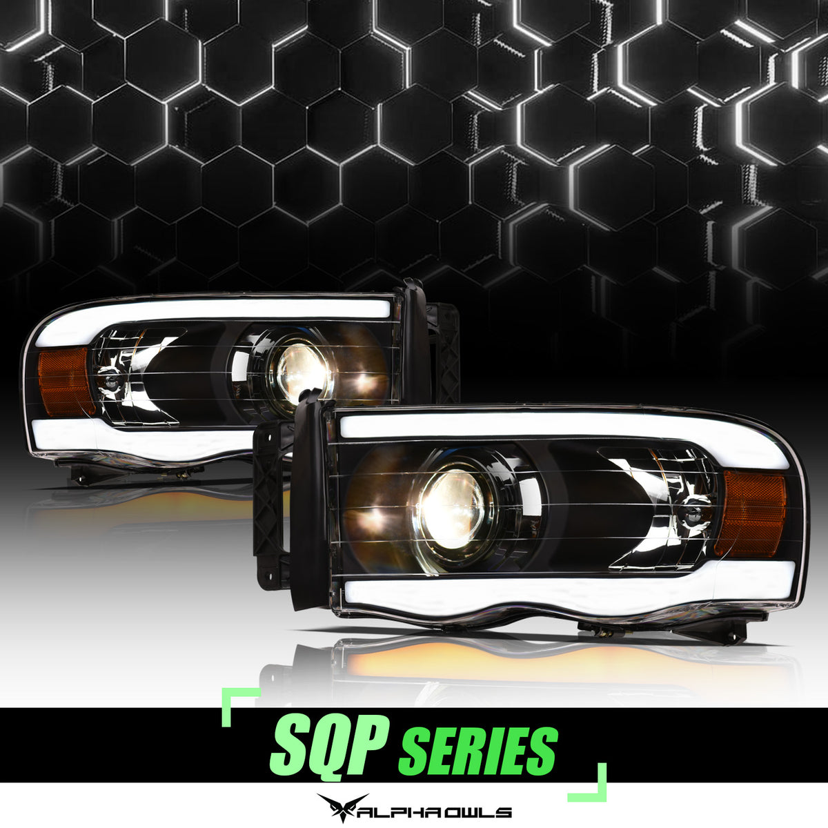 Alpha Owls 2002-2005 Dodge Ram 1500 SQP Series Projector Headlights (Halogen Projector Black Housing W/ Sequential Signal/LumenX Light Bar)