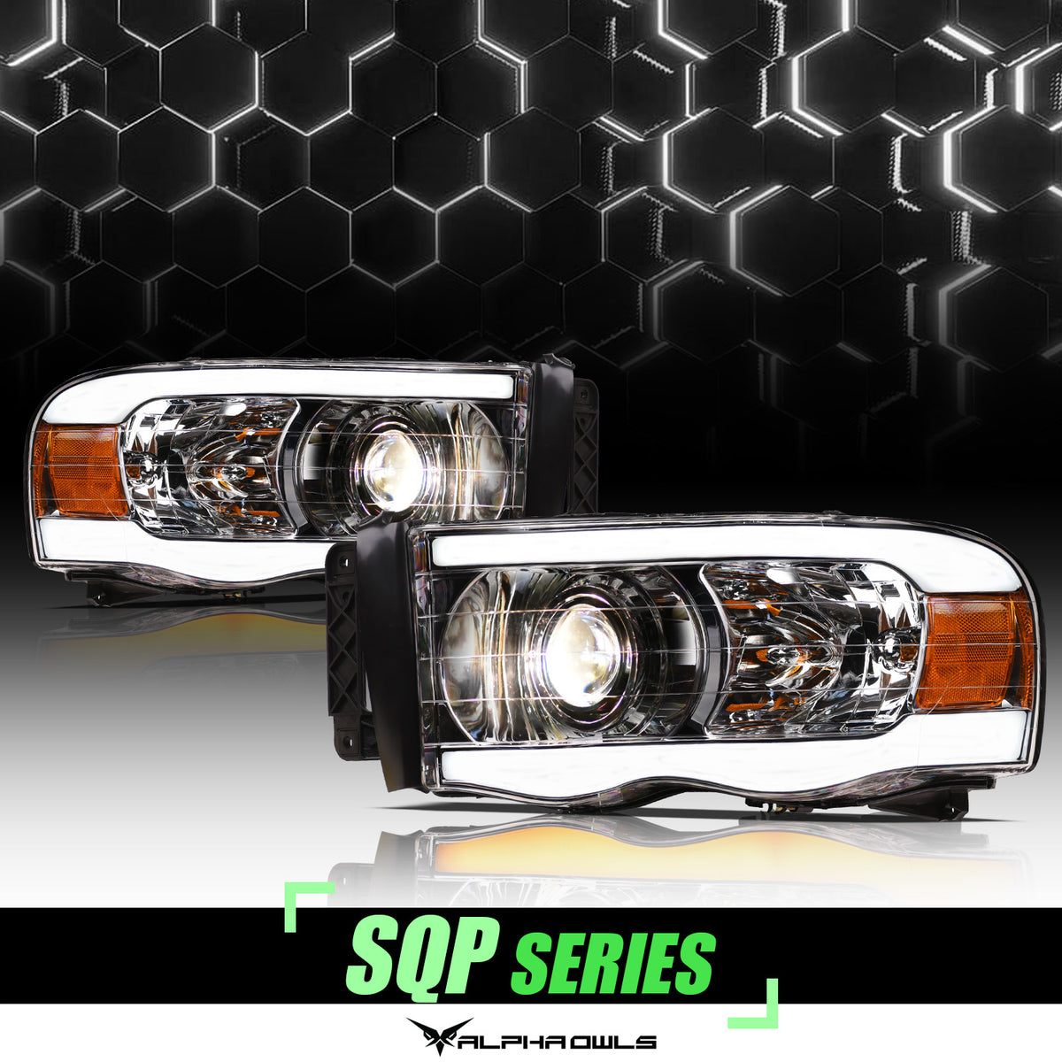 Alpha Owls 2002-2005 Dodge Ram 1500 SQP Series Projector Headlights (Halogen Projector Chrome Housing W/ Sequential Signal/LumenX Light Bar)