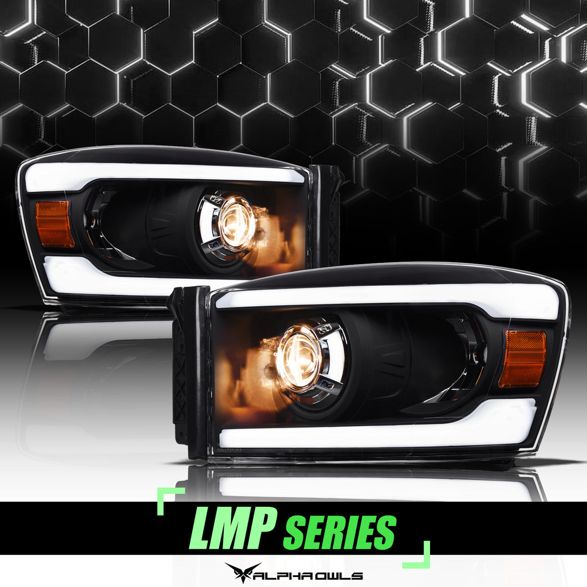 Alpha Owls 2006-2008 Dodge Ram 1500 LMP Series Projector Headlights (Halogen Projector Black Housing W/ LumenX Light Bar)