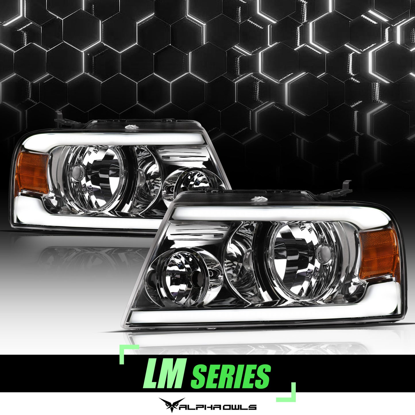 Alpha Owls 2004-2008 Ford F-150 LM Series Headlights (Crystal Headlights Chrome Housing W/ LumenX Light Bar)