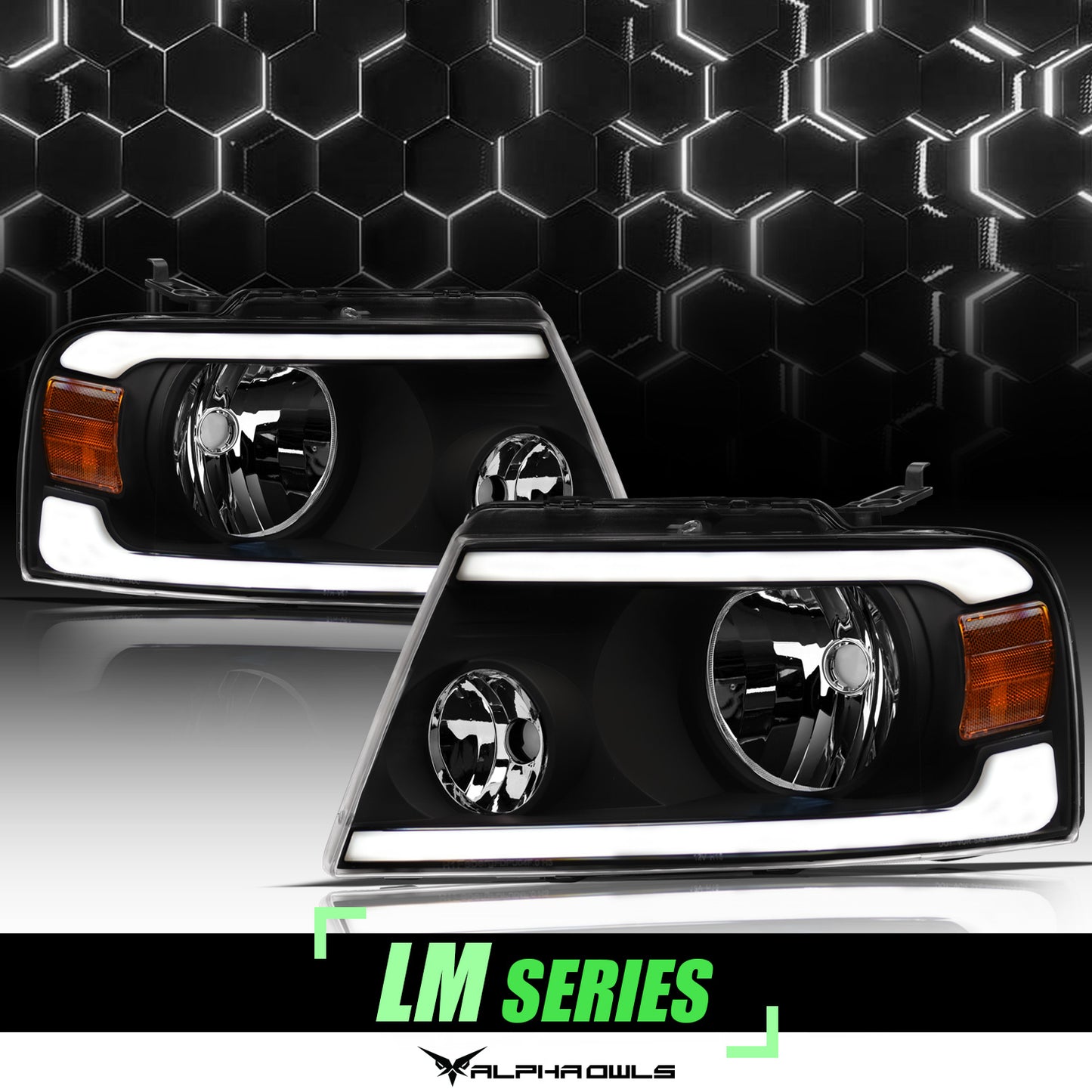 Alpha Owls 2004-2008 Ford F-150 LM Series Headlights (Crystal Headlights Black Housing W/ LumenX Light Bar)
